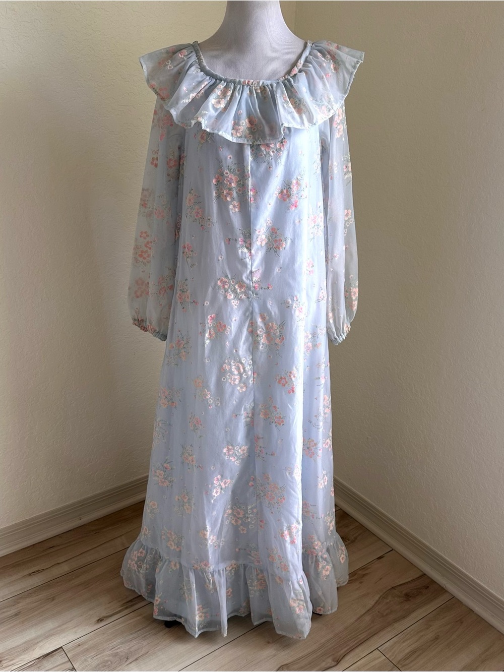 60s 70s Vintage Prarie Dress with Dainy Blue Floral Print  Maxi Dress Handmade